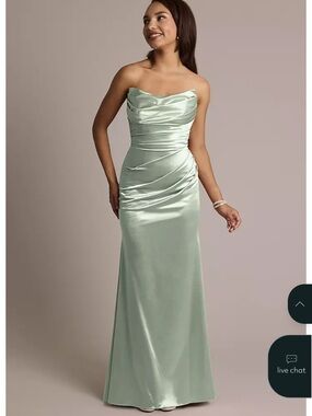 David's Bridal Strapless Satin Gown in Dusty Sage Green